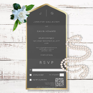 Black Elegant Modern Monogram QR All In One Invitation
