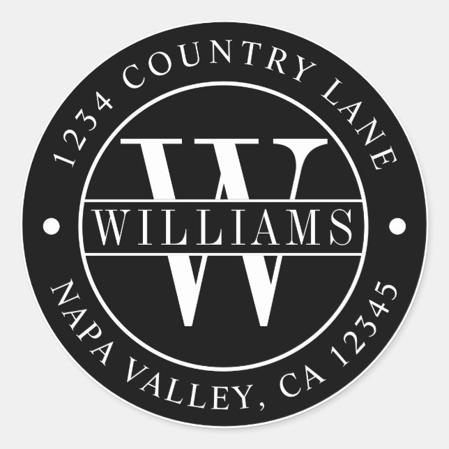 Black Elegant Monogram Return Address Classic Round Sticker (Front)