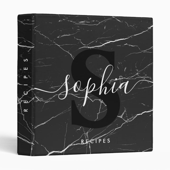 Black Elegant Monogram Script Name Marble Gold Binder (Front/Spine)