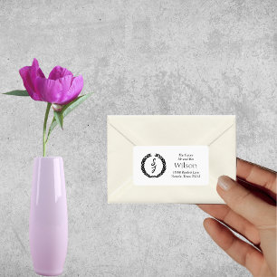 Black Elegant Monogram Wreath White Return Address Label