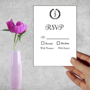 Black Elegant Monogram Wreath White RSVP Card