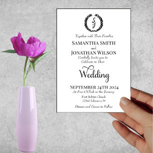 Black Elegant Monogram Wreath White Wedding Invitation