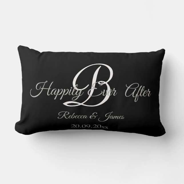 Black Elegant Monogrammed Happily Ever After Lumbar Pillow (Front)