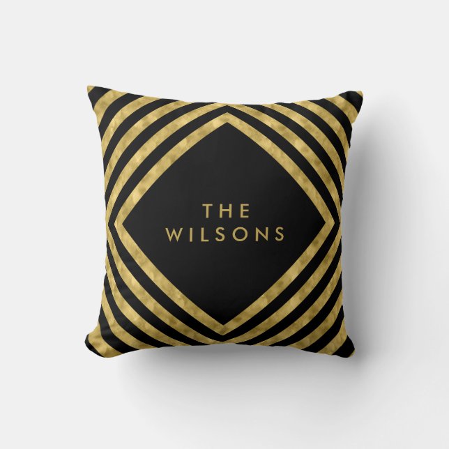 Black Elegant Name Geometric Square Lines Pattern Throw Pillow (Front)
