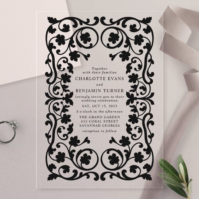 Black Elegant Ornate Floral Frame Wedding  Acrylic Invitations (Creator Uploaded)