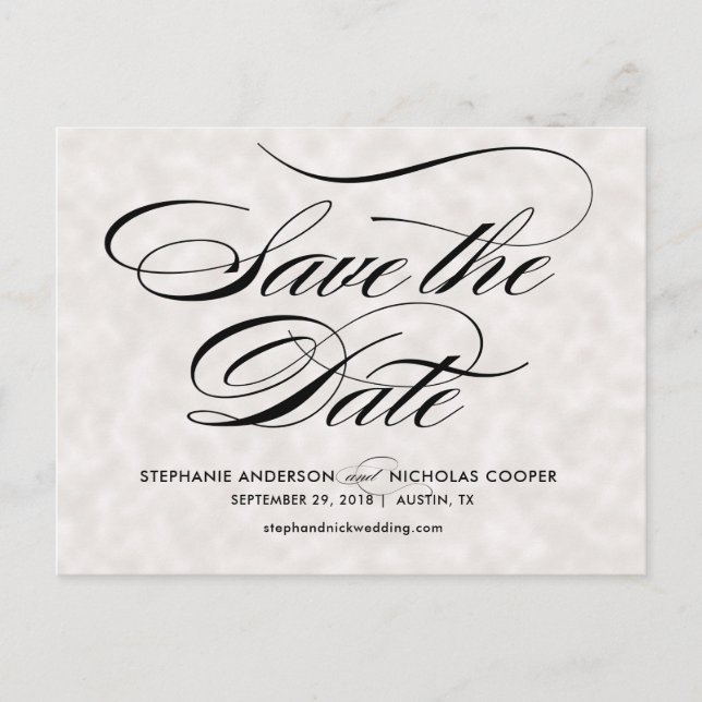Black elegant pearl script wedding save the date announcement postcard (Front)