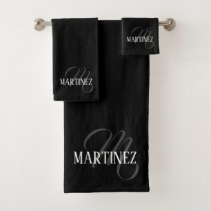 Black Elegant Personalized Last Name Name Bath Towel Set