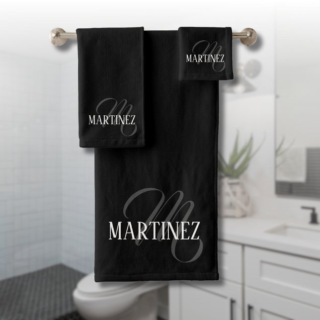 Black Elegant Personalized Last Name | Name Bath Towel Set (Creator Uploaded)