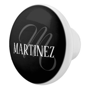 Black Elegant Personalized Last Name   Name Ceramic Knob