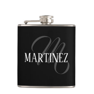 Black Elegant Personalized Last Name Name Hip Flask