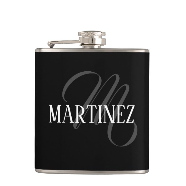 Black Elegant Personalized Last Name | Name Hip Flask (Front)