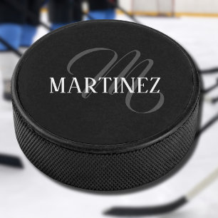 Black Elegant Personalized Last Name   Name Hockey Puck