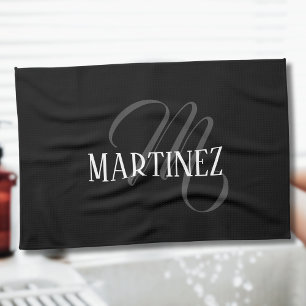 Black Elegant Personalized Last Name   Name Kitchen Towel