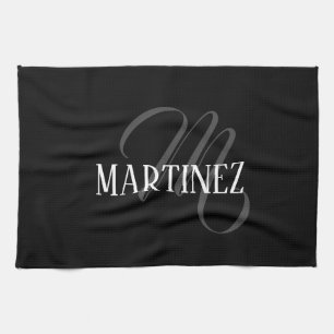 Black Elegant Personalized Last Name Name Kitchen Towel