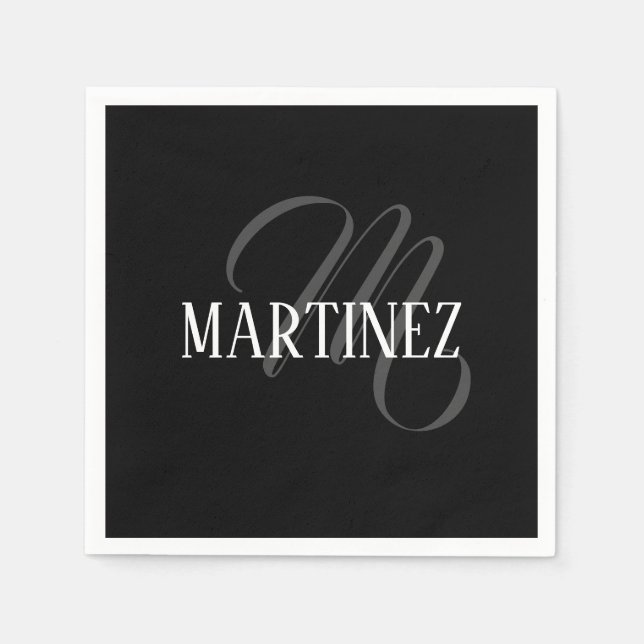 Black Elegant Personalized Last Name | Name Napkin (Front)