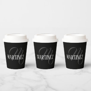 Black Elegant Personalized Last Name   Name Paper Cups