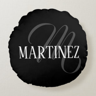 Black Elegant Personalized Last Name   Name Round Pillow