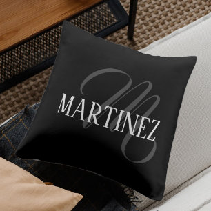 Black Elegant Personalized Last Name   Name Throw Pillow