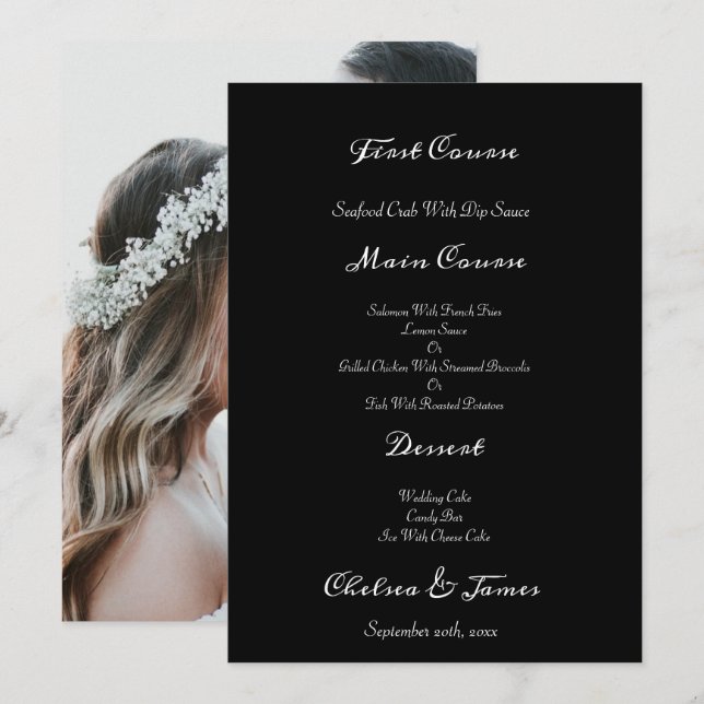 Black Elegant Photo Calligraphy Script Wedding  Menu (Front/Back)