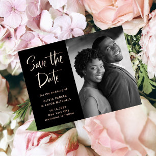 Black Elegant Photo Save the Date Rose Gold Foil Invitation Postcard