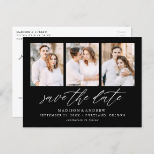 Black Elegant Script 3 Photo Collage Save the Date Announcement Postcard