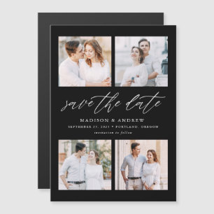 Black Elegant Script 4 Photo Collage Save The Date Magnetic Invitation