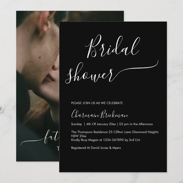 Black Elegant Script Calligraphy Bridal Shower Invitation (Front/Back)