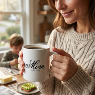 Black Elegant Script Established Mom Two-Tone Coffee Mug