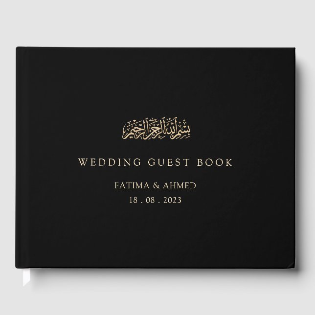 Black Elegant Script Minimal Gold Muslim Wedding Guest Book (Front)