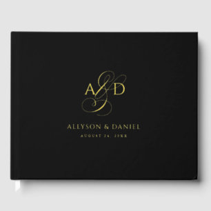 Black Elegant Script Monogram Classic Wedding Guest Book