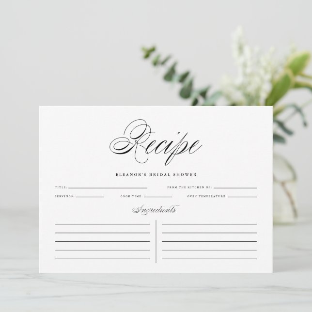 Black Elegant Script Personalized Recipe Card (Standing Front)