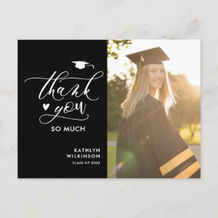 Black Elegant Script Photo Graduation Thank You Postcard