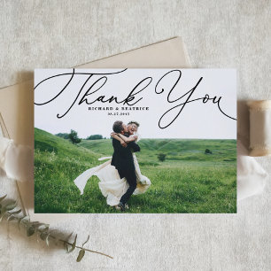 Black Elegant Script Photo Wedding Thank You Postcard