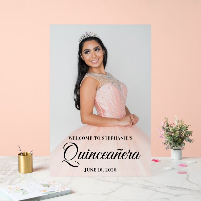 Black Elegant Script Quinceañera Photo Acrylic Sign (Wedding)