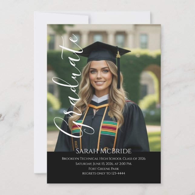 Black Elegant script simple one photo graduation Invitation (Front)