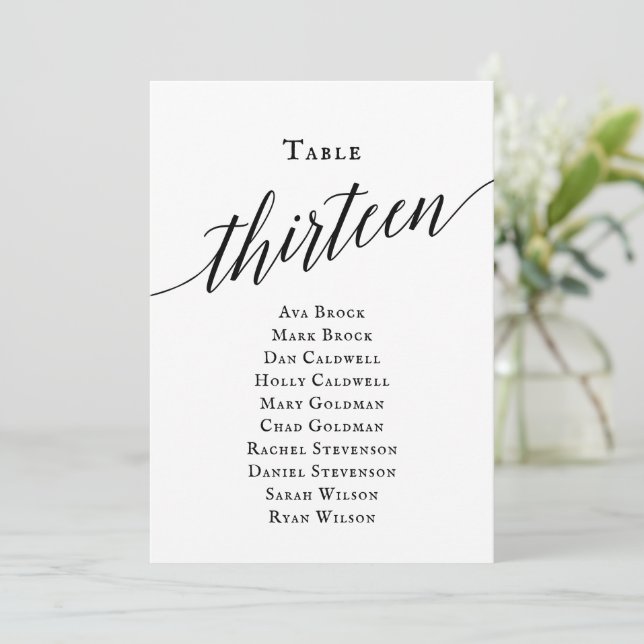 Black Elegant Script Table Number 13 Seating Chart (Standing Front)
