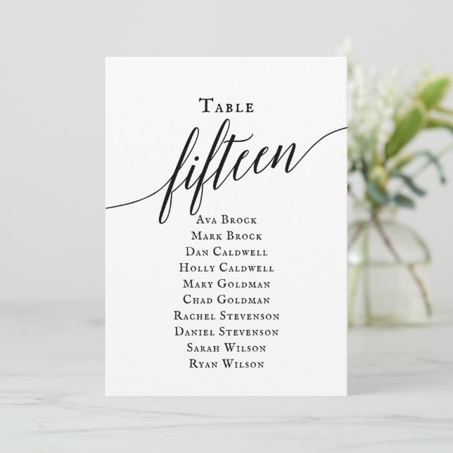 Black Elegant Script Table Number 15 Seating Chart (Standing Front)