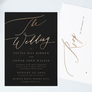 Black Elegant Simple Gold Rsvp on back Wedding Invitation