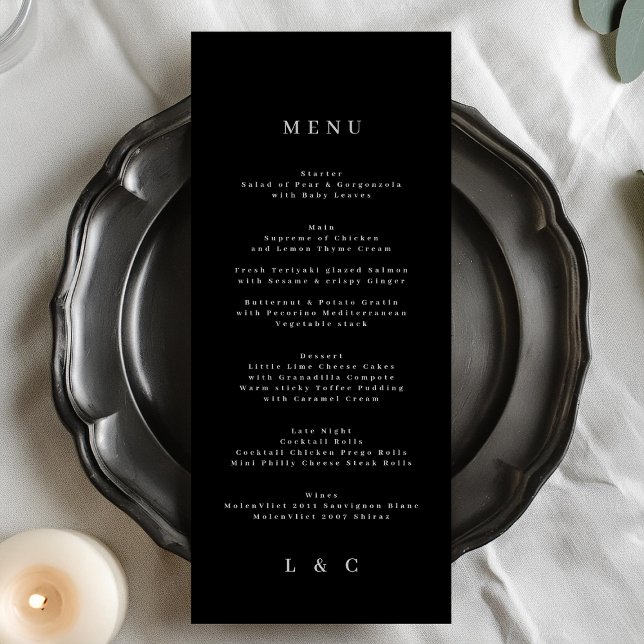 Black Elegant Simple Monogram Wedding Menu (Creator Uploaded)