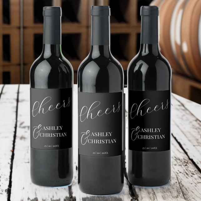 Black elegant simple wedding favour printed wine label (Black elegant simple minimalist monogram wedding favor printed wine label personalized favors)