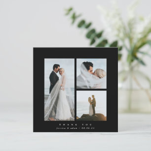 Black Elegant Square Three Photo Wedding Thank You Card