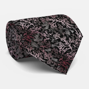 Black, elegant tie with coral and pink leaves