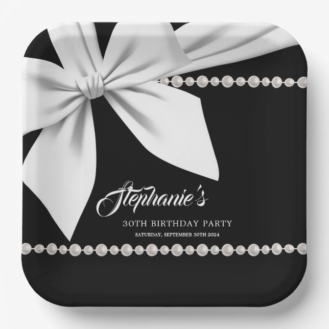 Black Elegant Tiffany Pearls Party Tableware Paper Plate (Front)