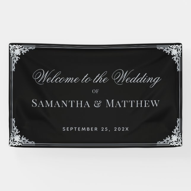 Black Elegant Vintage Faux Silver Wedding Welcome Banner (Horizontal)