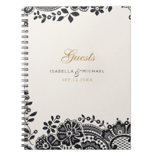 Black elegant vintage lace wedding guest book