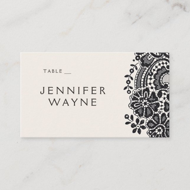 Black elegant vintage lace wedding place cards (Front)
