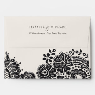 Black elegant vintage lace wedding return address envelopes