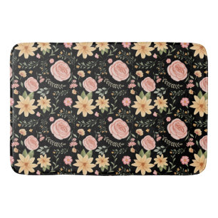 Black Elegant Vintage Wildflower Rose Pattern  Bath Mat
