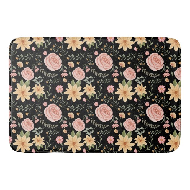 Black Elegant Vintage Wildflower Rose Pattern  Bath Mat (Front)
