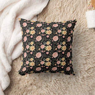 Black Elegant Vintage Wildflower Rose Pattern  Throw Pillow